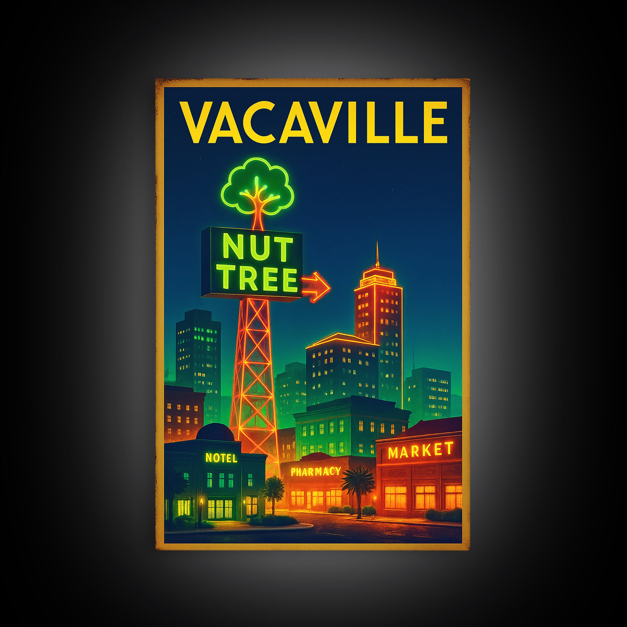 Vacaville Travel Poster, Framed Canvas Print, Electric Night Poster Art, Vacaville Travel Art, Travel Wall Art, Watercolor Skyline Art