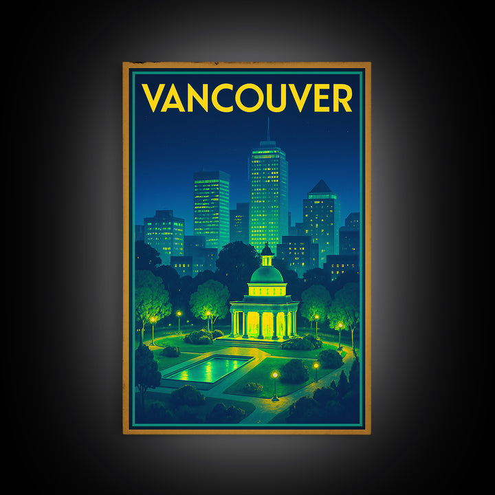Vancouver Travel Poster, Framed Canvas Print, Retro Neon Travel Art, Vancouver Wall Art, Mid Century Wall Art, Retro Travel Print