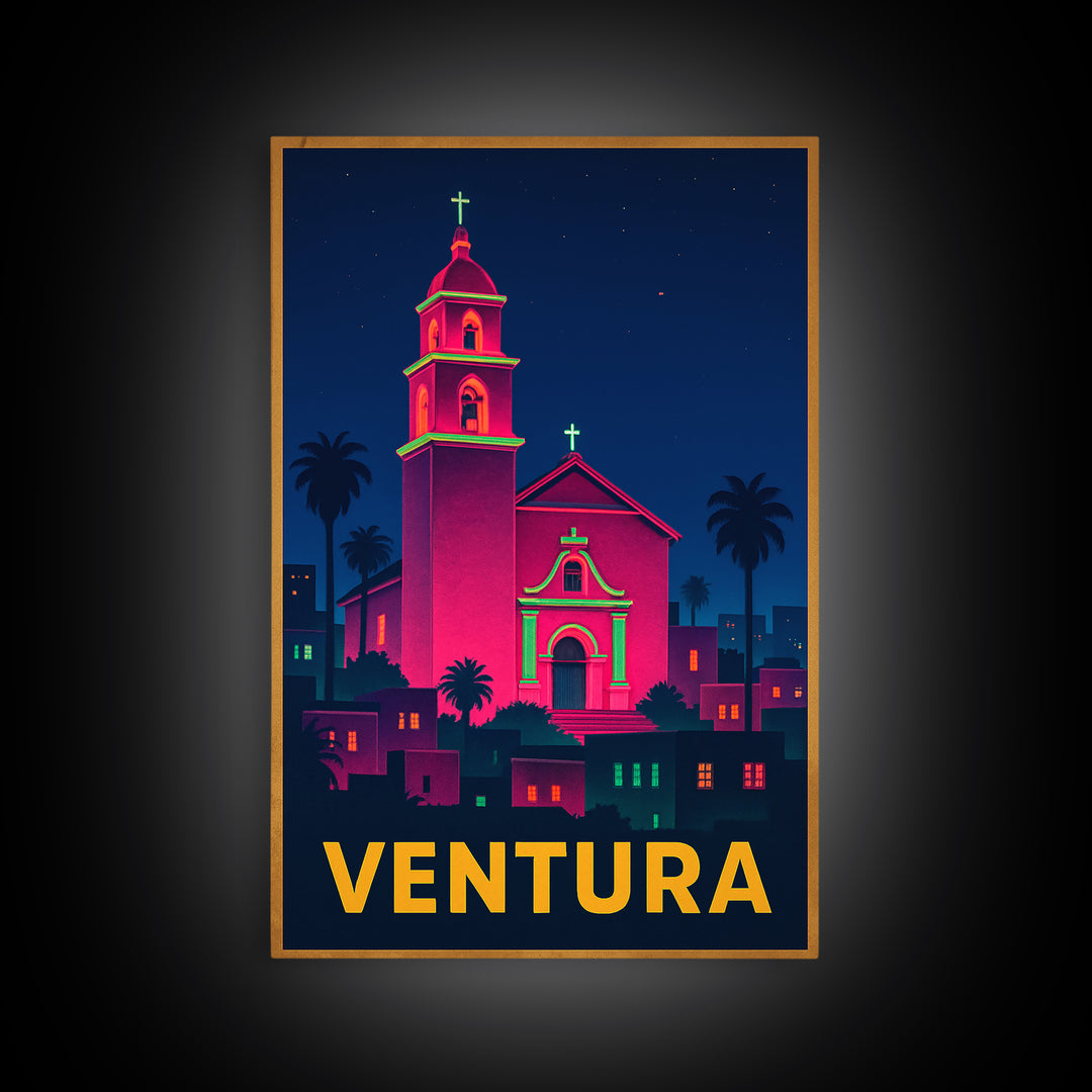 Ventura California Travel Poster, Canvas Print, Neon Skyline Art Wall Art, Ventura Art Print, Wall Decor, City Illustration, Home Decor