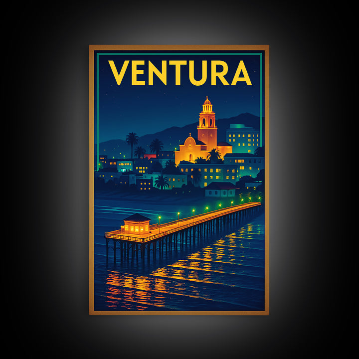 Ventura Travel Poster, Canvas Print, Retro Neon Travel Art, Ventura Poster Print, Living Room Wall Art, City Illustration, Travel Decor