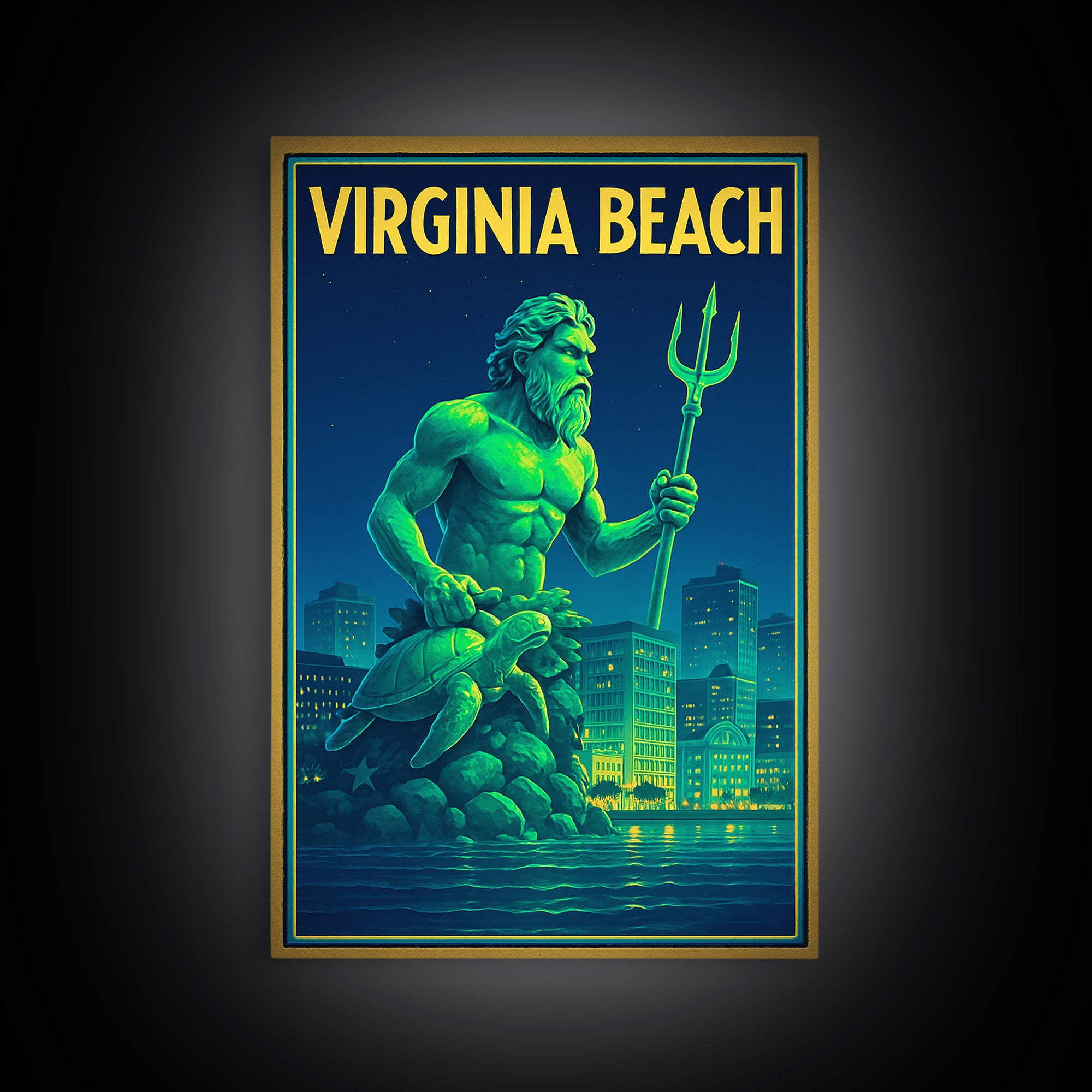 Virginia Beach Travel Poster, Canvas Print, Neon City Skyline Wall Art, Virginia Beach Wall Art, City Poster, Watercolor City Skyline