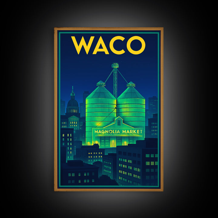 Waco Travel Poster, Framed Canvas Print, Electric Night Poster Art, Waco Travel Art, Watercolor Cityscape, Travel Wall Art, Poster Print
