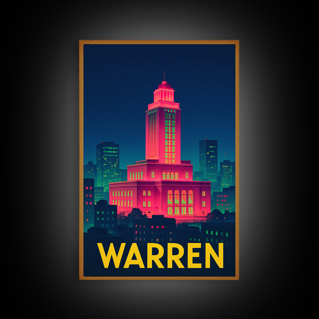Warren Michigan Travel Poster, Canvas Print, Retro Neon Travel Art, Warren Wall Art, Home Office Decor, Modern Wall Decor, City Illustration