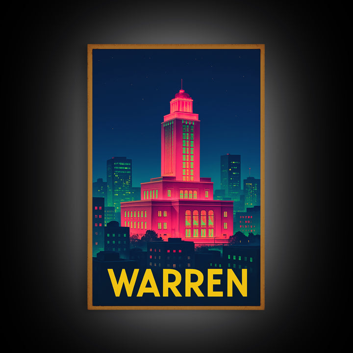 Warren Michigan Travel Poster, Canvas Print, Retro Neon Travel Art, Warren Wall Art, Home Office Decor, Modern Wall Decor, City Illustration