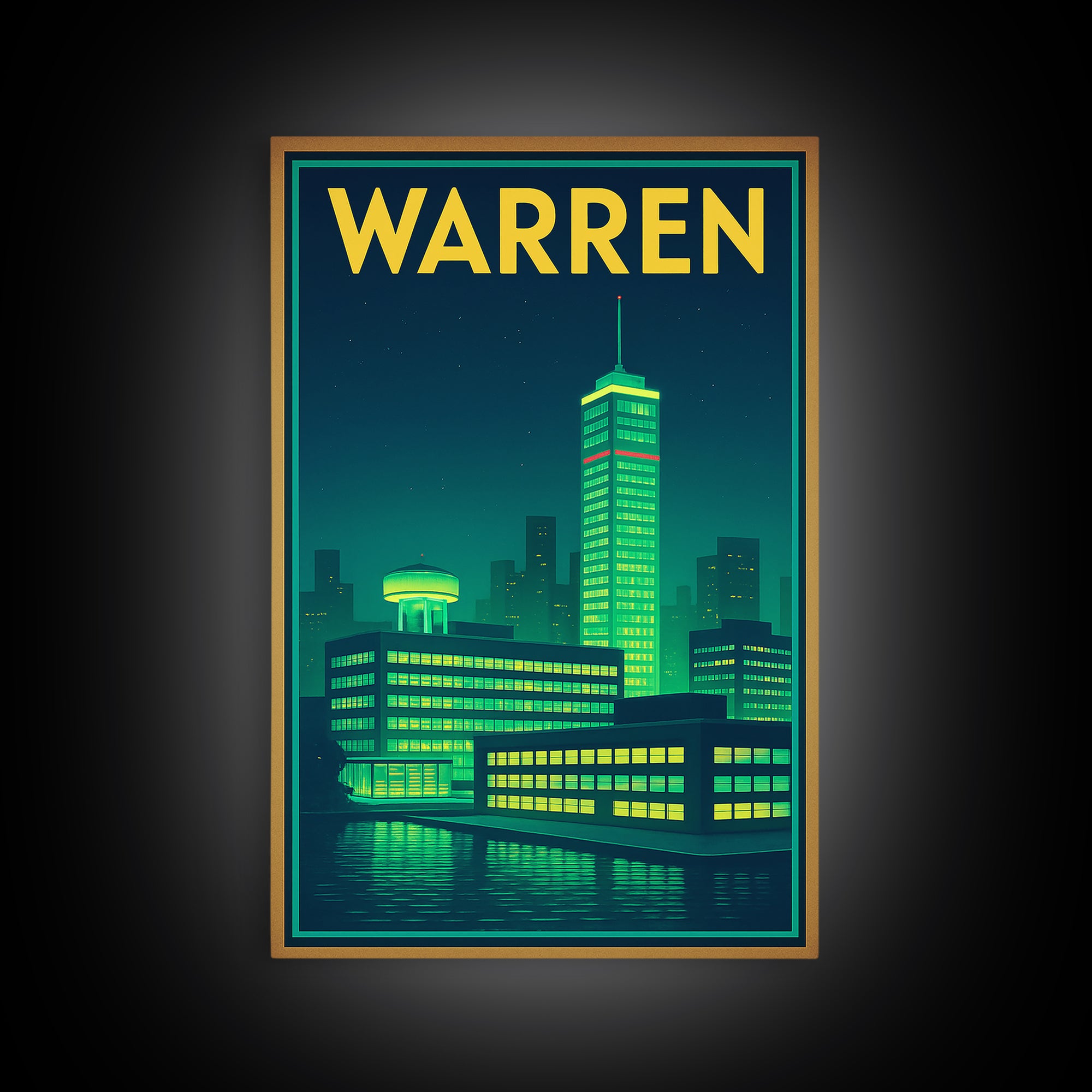 Warren Travel Poster, Canvas Print, Neon Urban Skyline Wall Art, Warren Wall Art, Wall Decor, Mid Century Wall Art, Wanderlust Decor