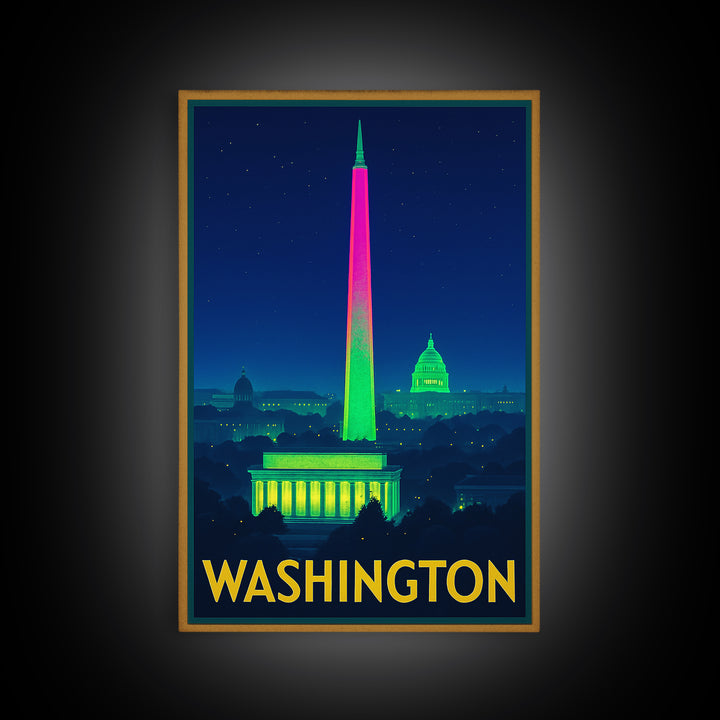 Washington Travel Poster, Framed Canvas Print, Electric Night Poster Art, Washington Travel Art, Vintage Travel Print, Gift For Travelers