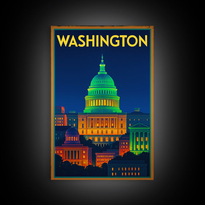 Washington Travel Poster, Canvas Print, Neon Skyline Wall Art, Washington Travel Art, Modern Wall Decor, City Travel Prints, Wall Art