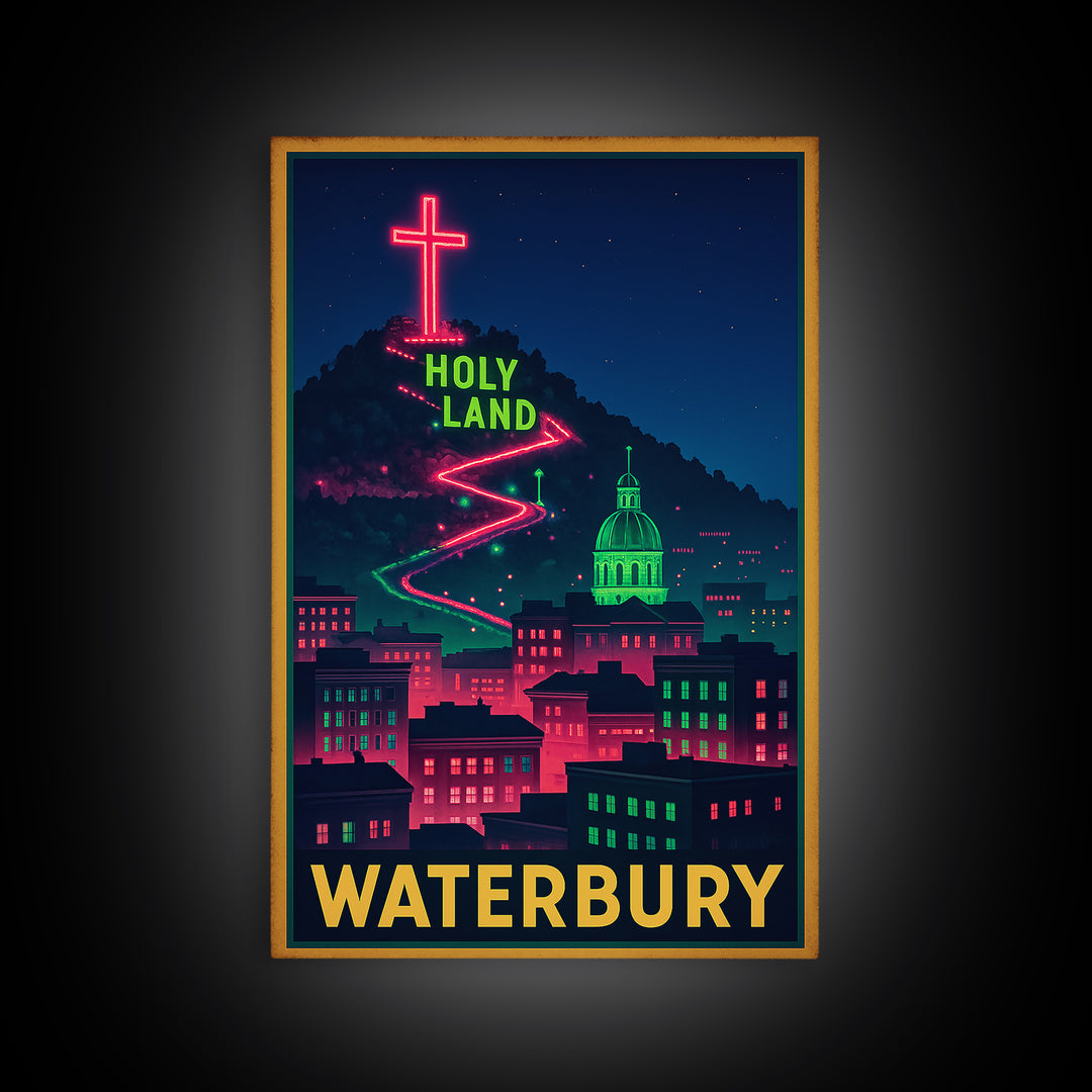 Waterbury Travel Poster, Framed Canvas Print, Neon Skyline Wall Art, Waterbury Art Print, Fine Art Print, Vintage Travel Art