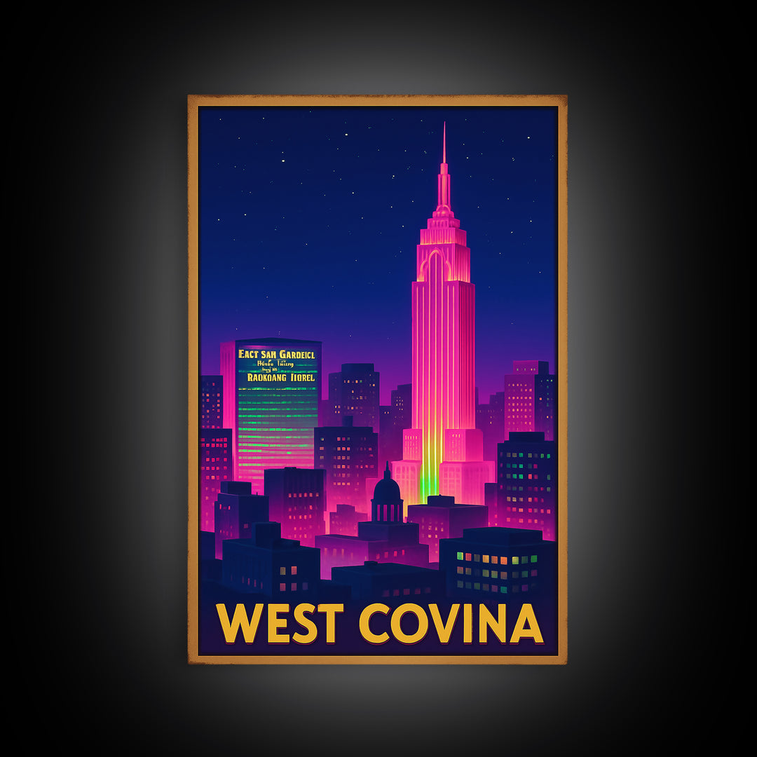 West Covina California Travel Poster, Canvas Print, Electric Night Poster Art, West Covina Poster Print, City Art Print, Vintage Travel Art
