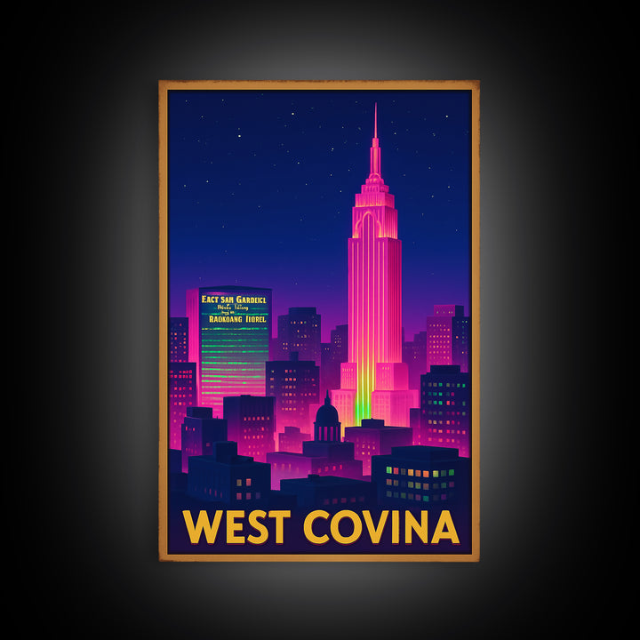 West Covina California Travel Poster, Canvas Print, Electric Night Poster Art, West Covina Poster Print, City Art Print, Vintage Travel Art