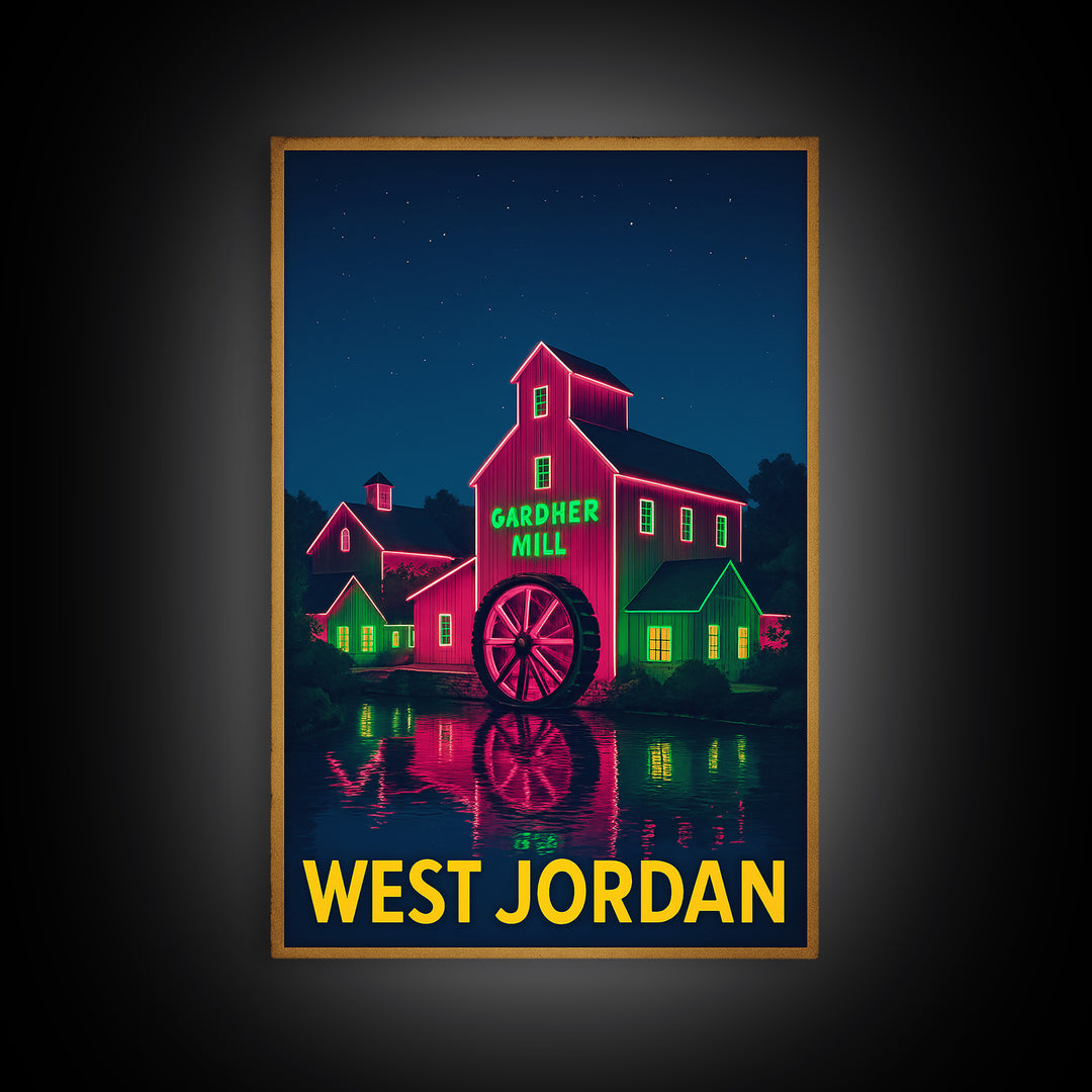 West Jordan Utah Travel Poster, Canvas Print, Electric Night Poster Art, West Jordan Wall Art, Retro Travel Print, Vintage Travel Print