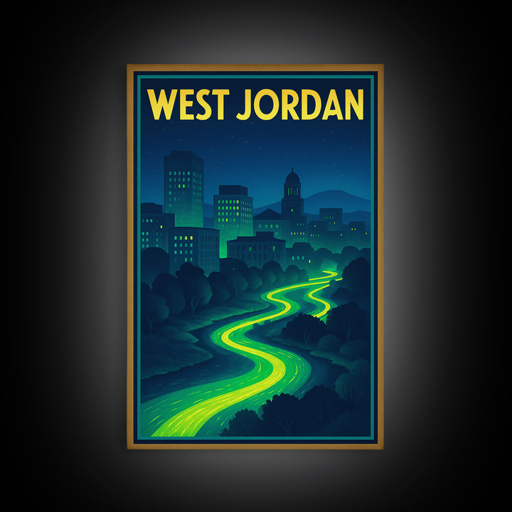 West Jordan Travel Poster, Framed Canvas Print, Cyberpunk Style City Art, West Jordan Poster Print, Fine Art Print, Vintage City Art