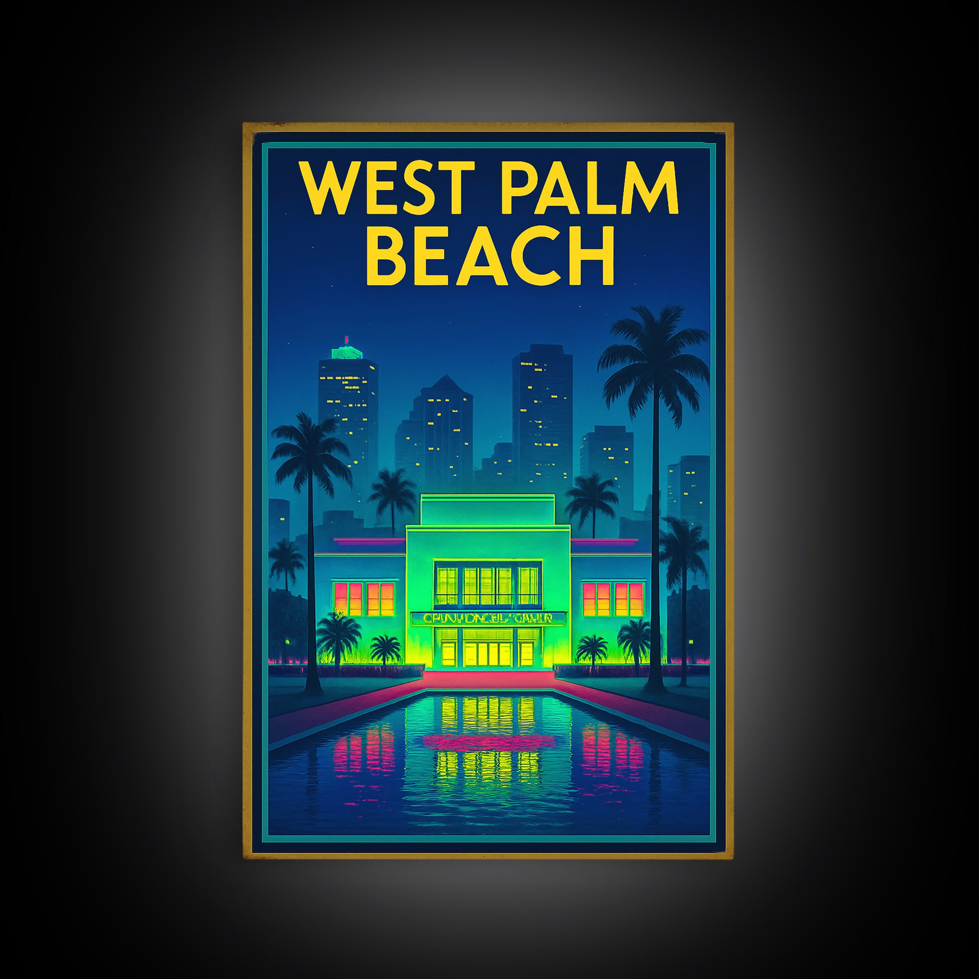 West Palm Beach Travel Poster, Framed Canvas Print, Neon City Skyline Wall Art, West Palm Beach Poster Print, Retro Travel Print, Wall Art