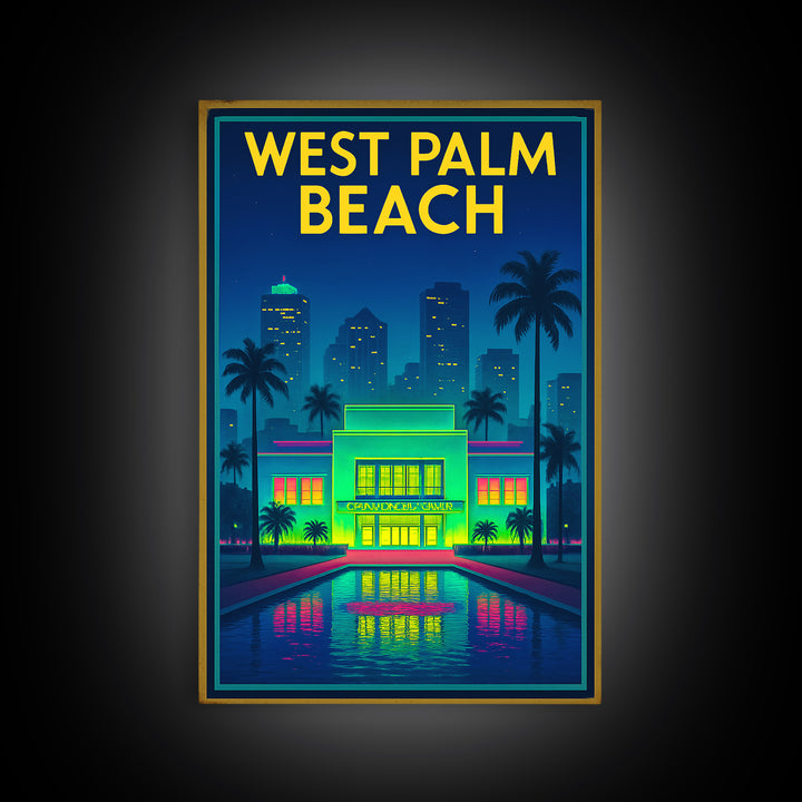 West Palm Beach Travel Poster, Framed Canvas Print, Neon City Skyline Wall Art, West Palm Beach Poster Print, Retro Travel Print, Wall Art