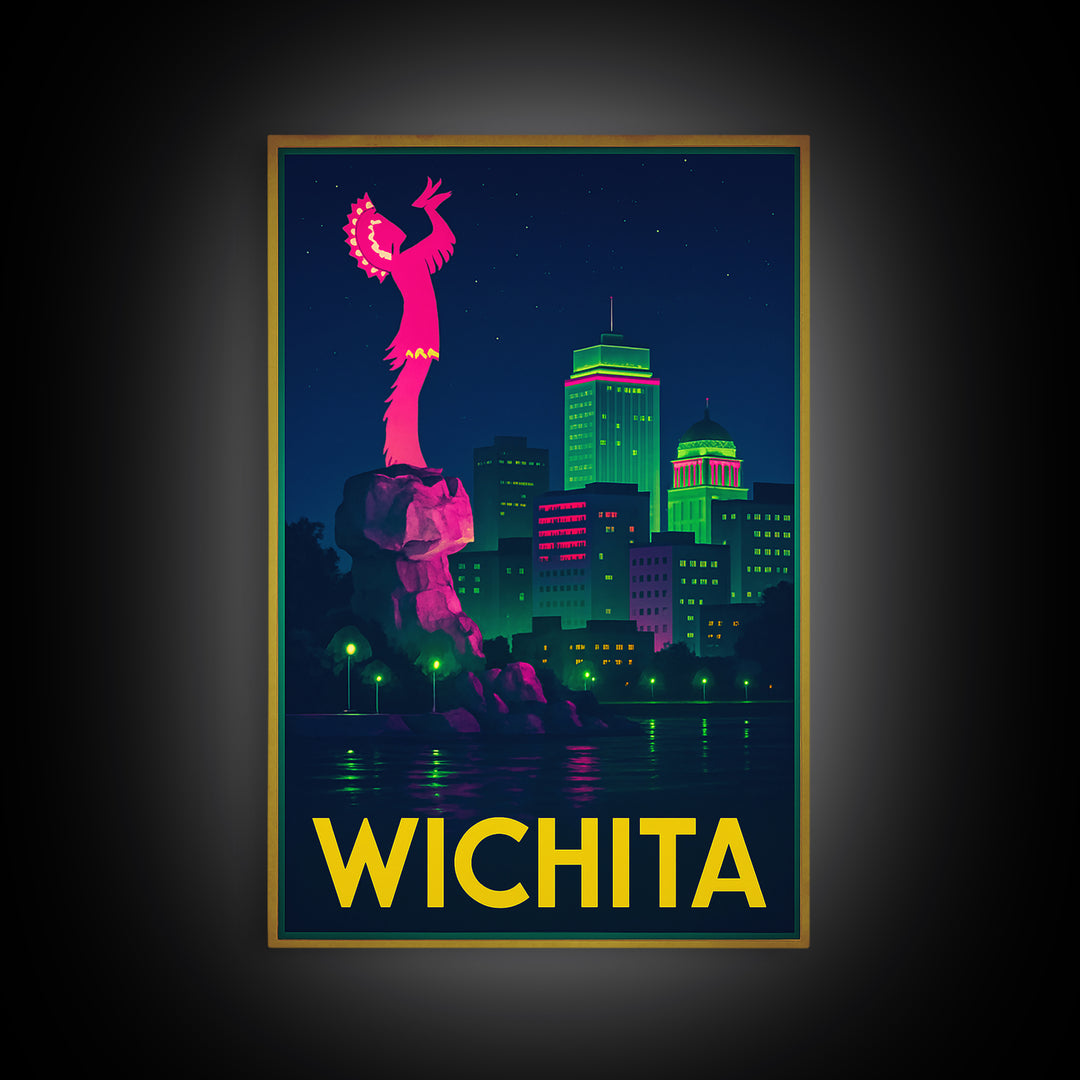 Wichita Kansas Travel Poster, Canvas Print, Retro Neon Travel Art, Wichita Print, City Poster, Travel Wall Art, Watercolor Urban Skyline