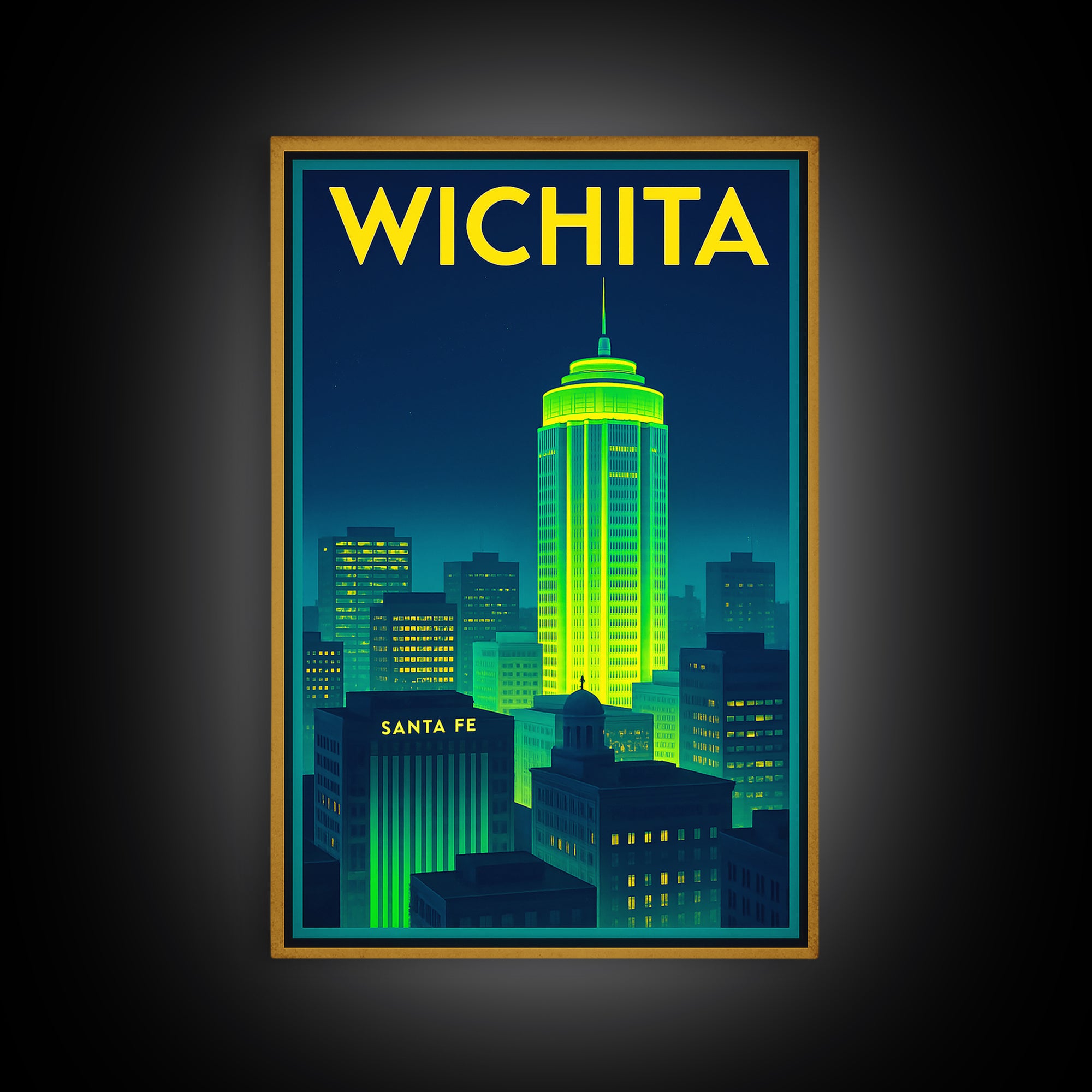 Wichita Travel Poster, Framed Canvas Print, Cyberpunk Style City Art, Wichita Art Print, Living Room Wall Art, City Travel Prints