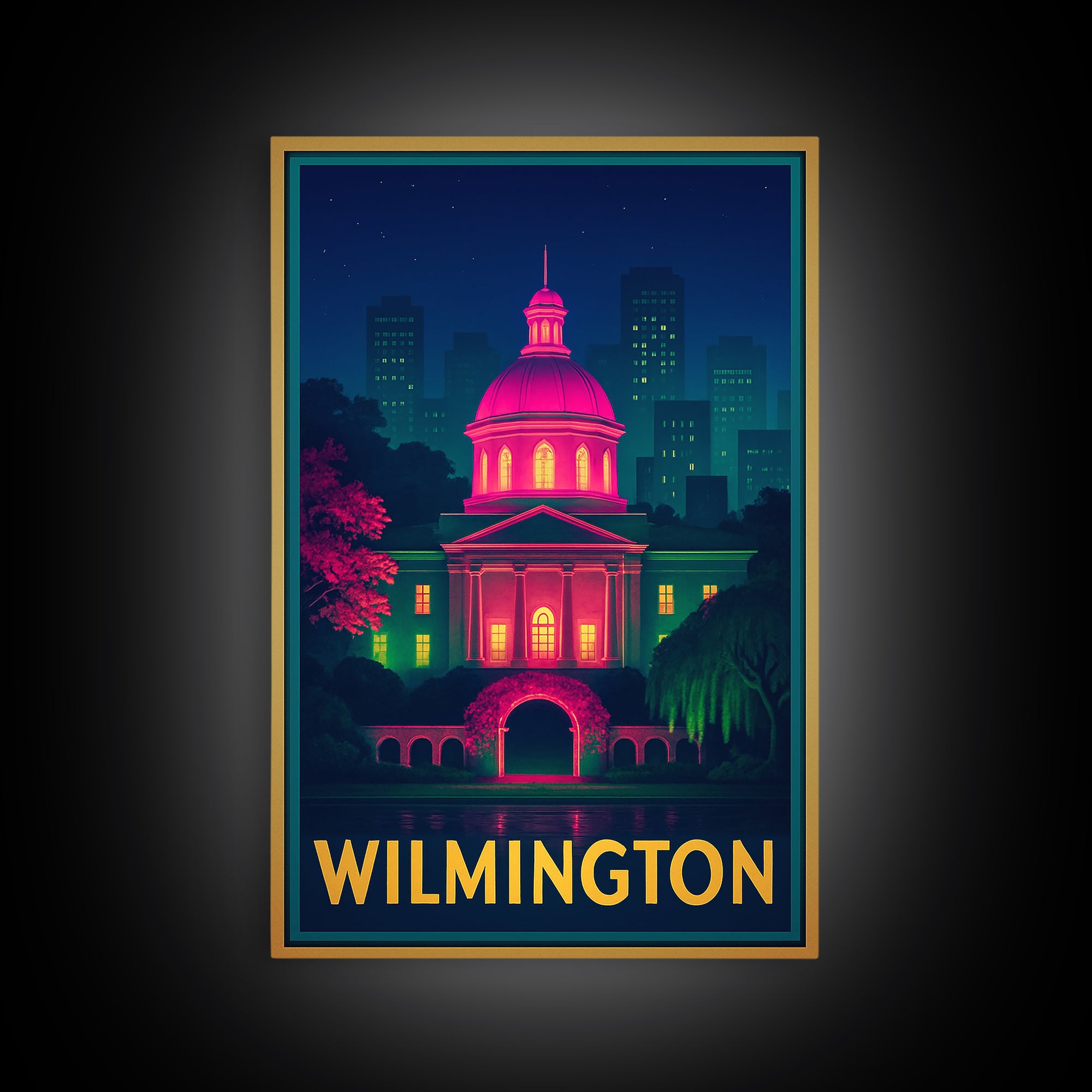 Wilmington North Carolina Travel Poster, Framed Canvas Print, Retro Neon Travel Art, Wilmington Travel Art, City Art Print, Vintage City Art