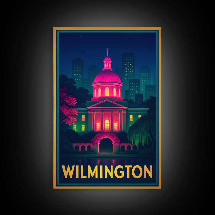 Wilmington North Carolina Travel Poster, Framed Canvas Print, Retro Neon Travel Art, Wilmington Travel Art, City Art Print, Vintage City Art