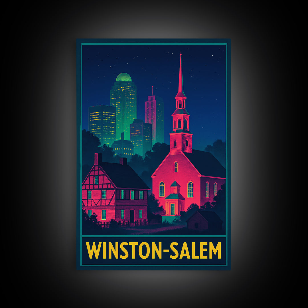 Winston Salem North Carolina Travel Poster, Canvas Print, Retro Neon Travel Art, Winston Salem Art Print, Watercolor Urban Skyline