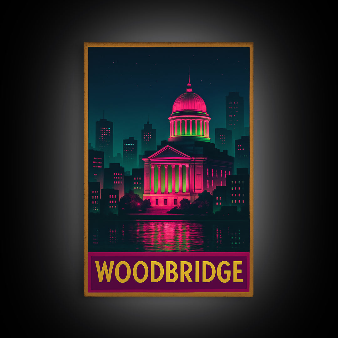 Woodbridge Travel Poster, Canvas Print, Retro Neon Travel Art, Woodbridge Art Print, Modern Wall Decor, Travel Poster Art, Travel Wall Art