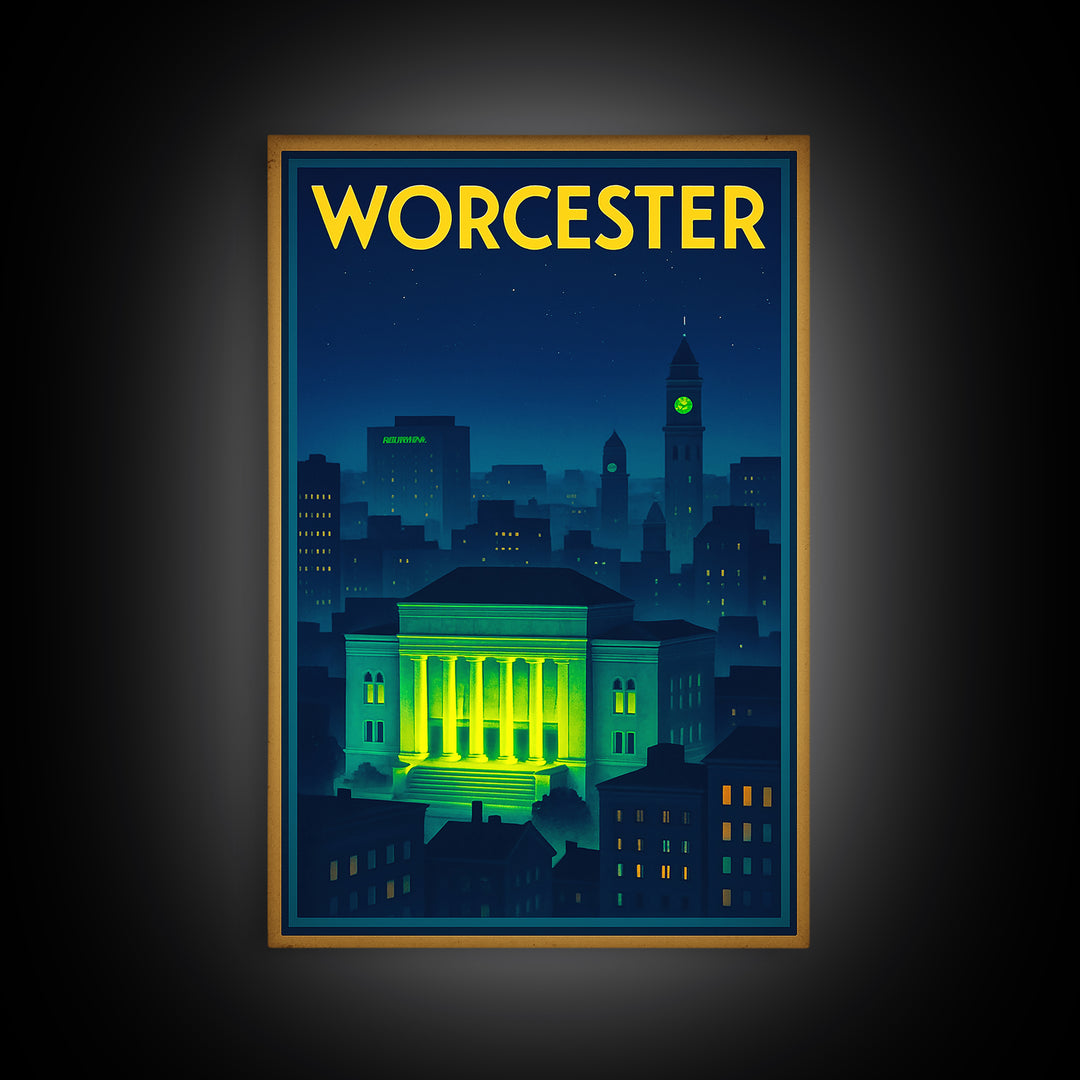 Worcester Travel Poster, Framed Canvas Print, Neon Skyline Art Wall Art, Worcester Travel Art, Vintage Travel Print, Vintage City Poster