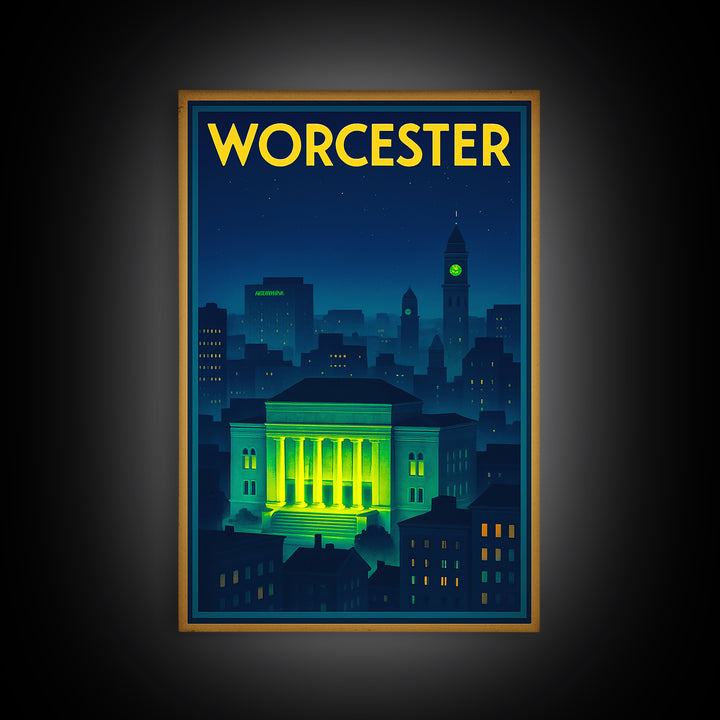 Worcester Travel Poster, Framed Canvas Print, Neon Skyline Art Wall Art, Worcester Travel Art, Vintage Travel Print, Vintage City Poster