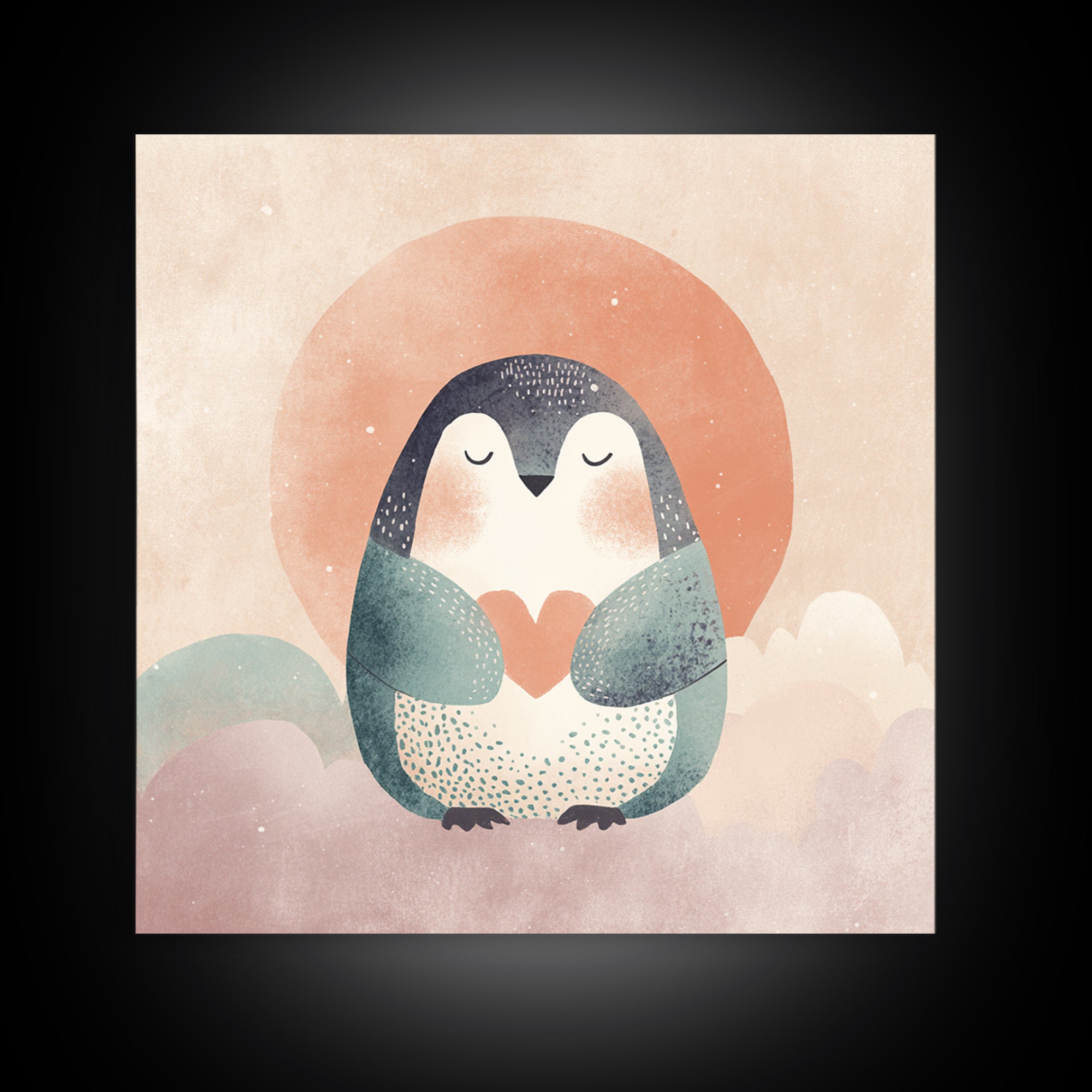 Penguin Holding a Little Heart Shape Canvas Print, Nursery Art, Watercolor Print, Nursery Decor, Abstract Art, Nursery, NUR-1x1-10