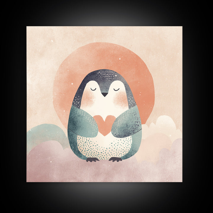 Penguin Holding a Little Heart Shape Canvas Print, Nursery Art, Watercolor Print, Nursery Decor, Abstract Art, Nursery, NUR-1x1-10