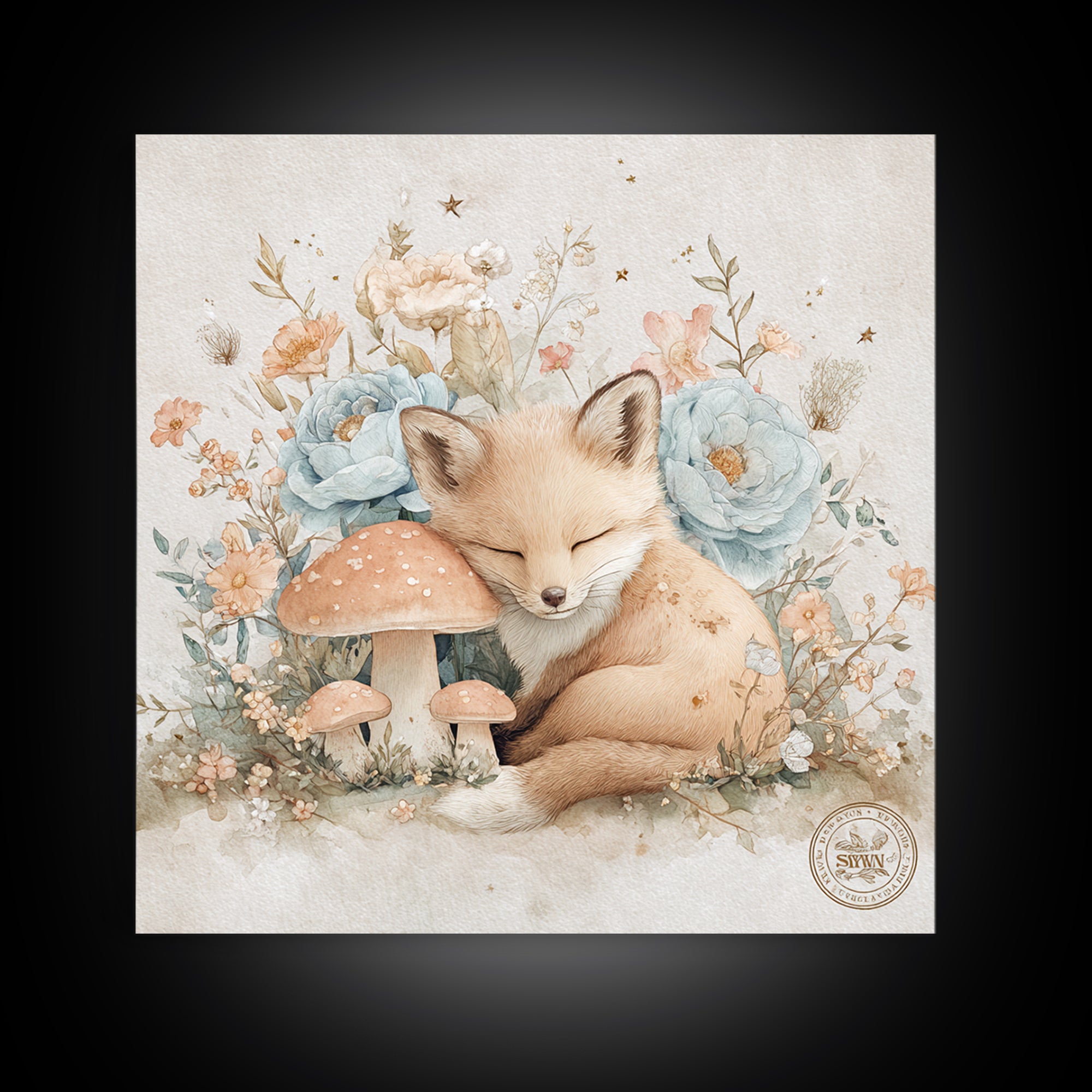 Woodland Fox Tucked Framed Canvas Print, Nursery Art, Whimsical Wall Art, Nursery Decor, Watercolor Art, Nursery, NUR-1x1-100