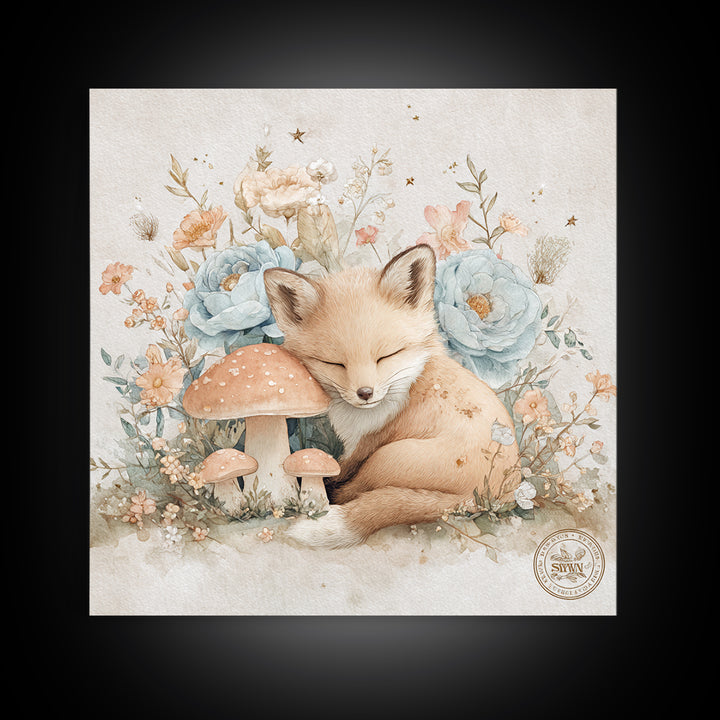 Woodland Fox Tucked Framed Canvas Print, Nursery Art, Whimsical Wall Art, Nursery Decor, Watercolor Art, Nursery, NUR-1x1-100