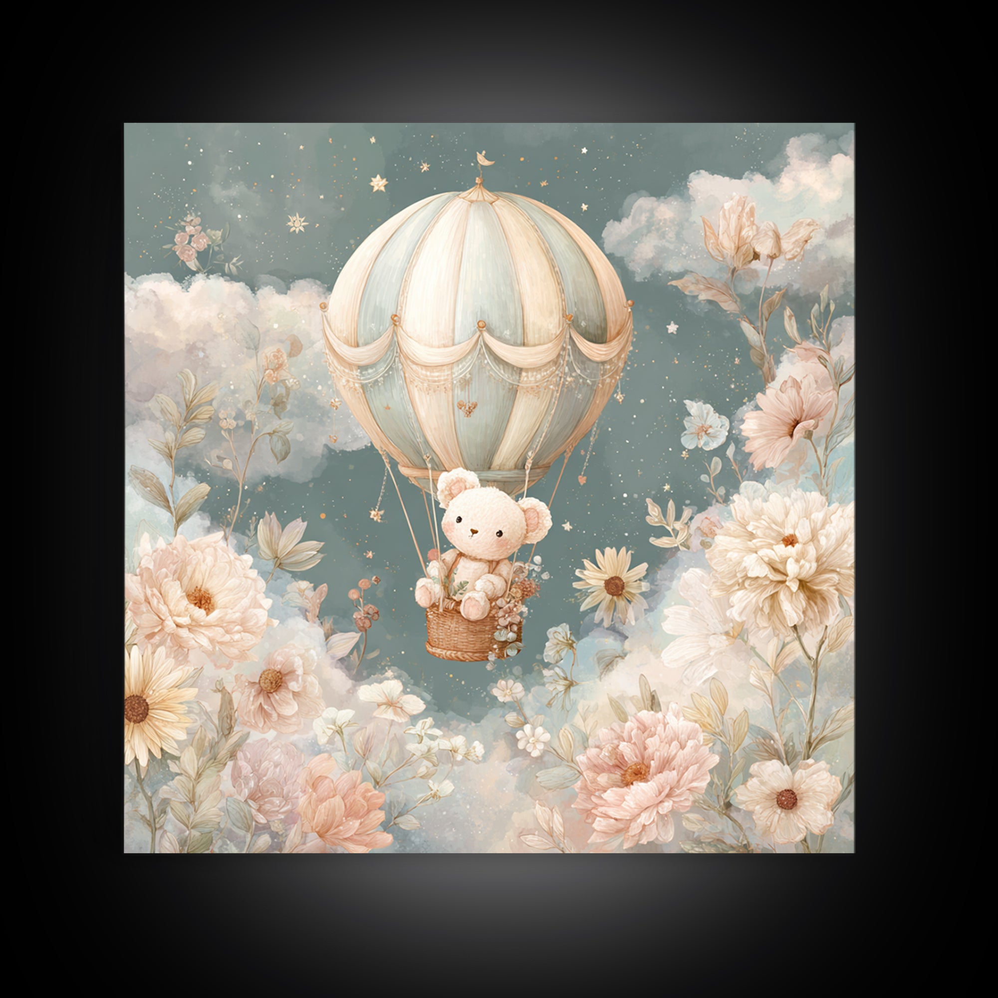 Floating Hot Air Balloon Framed Canvas Print, Nursery Art, Digital Art, Nursery Decor, Fine Art, Nursery, Girl Nursery Decor, NUR-1x1-12