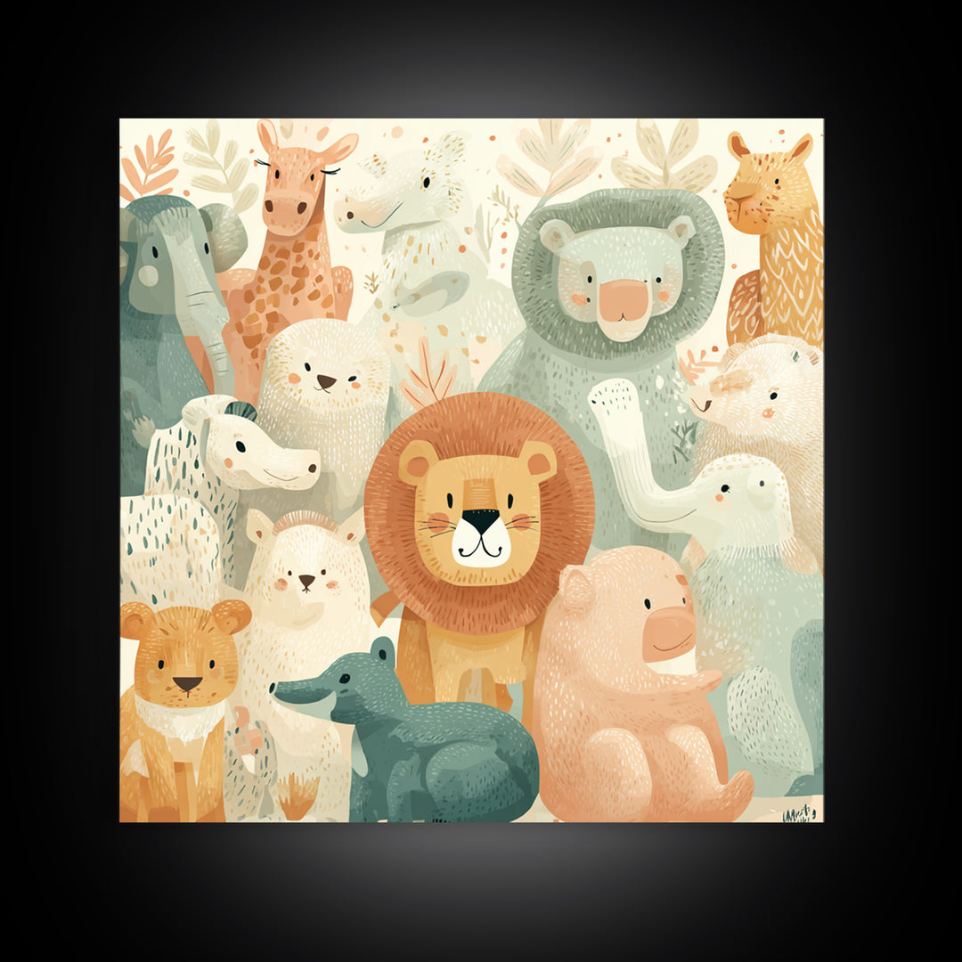 Pastel Jungle Animals Canvas Print, Nursery Art, Butterfly Wall Art, Nursery Decor, Fine Art, Nursery, Woodland Nursery Art, NUR-1x1-18
