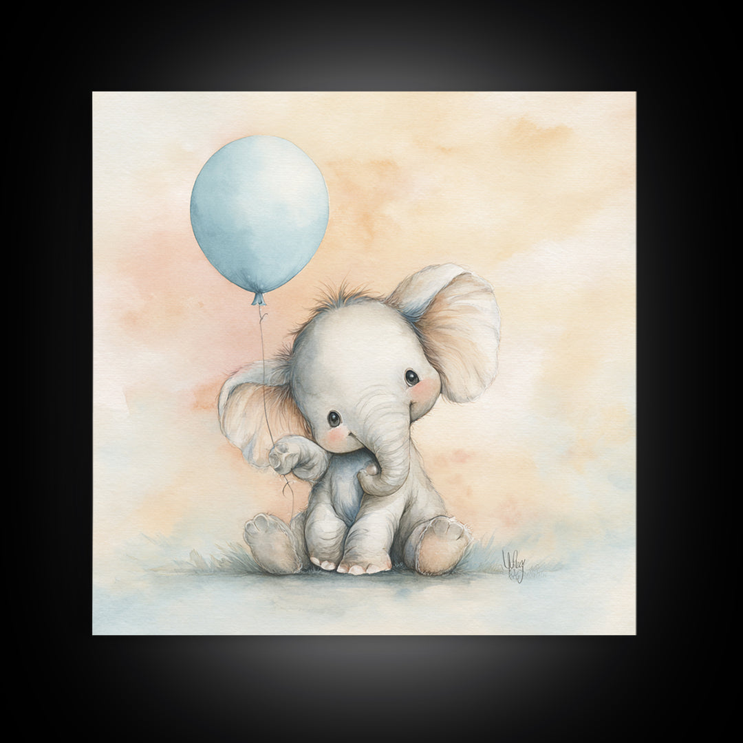 Sleepy Baby Elephant Holding a Tiny Balloon Canvas Print, Nursery Art, Neutral Decor, Nursery Decor, Fine Art, Nursery, NUR-1x1-25