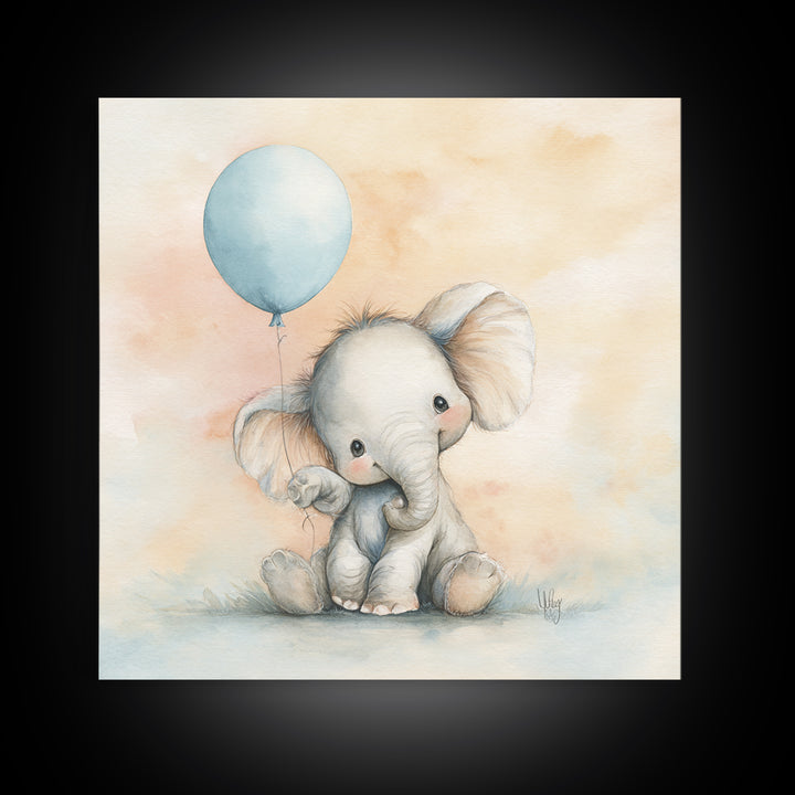 Sleepy Baby Elephant Holding a Tiny Balloon Canvas Print, Nursery Art, Neutral Decor, Nursery Decor, Fine Art, Nursery, NUR-1x1-25