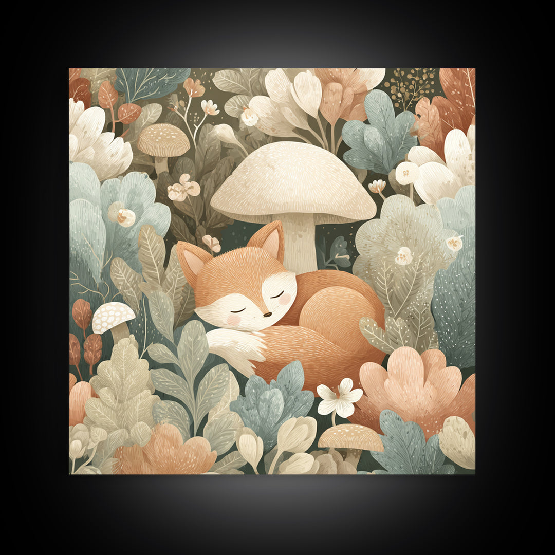 Woodland Fox Tucked Framed Canvas Print, Nursery Art, Nursery Wall Art, Nursery Decor, Oil Painting, Nursery, Woodland Nursery, NUR-1x1-28