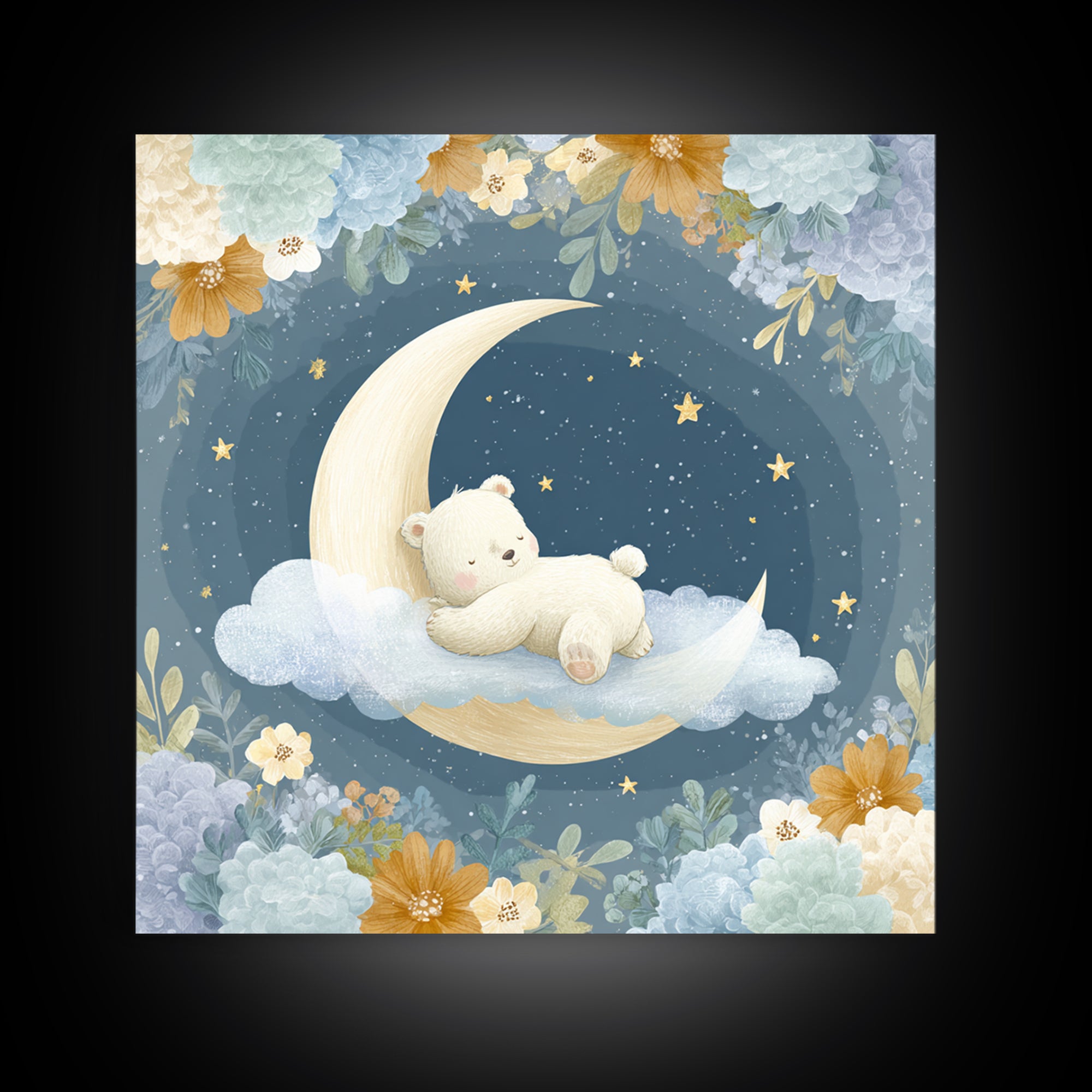 Baby Bear Floating on a Crescent Moon Canvas Print, Nursery Art, Kids Wall Decor, Nursery Decor, Oil Painting, Nursery, NUR-1x1-30
