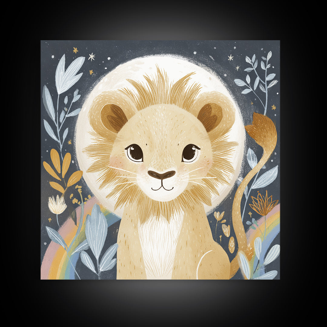 Lion Cub with Soft Golden Mane Framed Canvas Print, Nursery Art, Fine Art Print, Nursery Decor, Abstract Art, Nursery, NUR-1x1-33