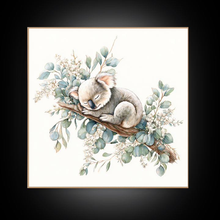 Sleeping Koala on Eucalyptus Branch Framed Canvas Print, Nursery Art, Whimsical Wall Art, Nursery Decor, Fine Art, Nursery, NUR-1x1-37