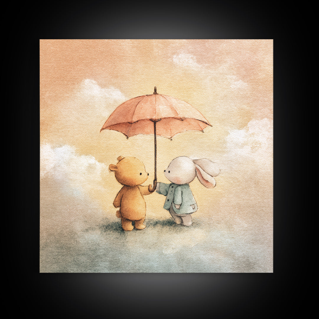 Bear and Rabbit Sharing Umbrella Framed Canvas Print, Nursery Art, Home Decor, Nursery Decor, Fine Art, Nursery, NUR-1x1-41
