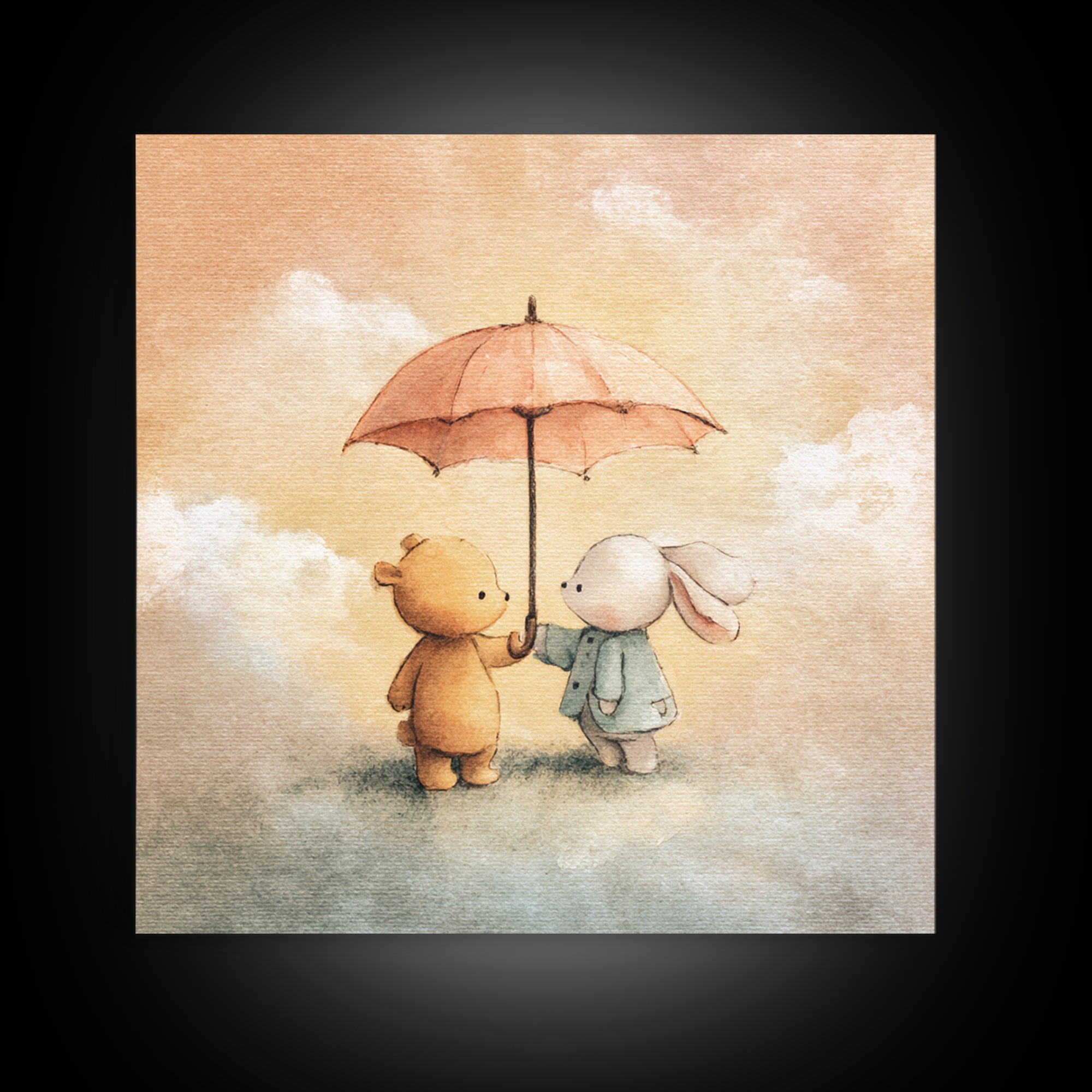 Bear and Rabbit Sharing Umbrella Framed Canvas Print, Nursery Art, Home Decor, Nursery Decor, Fine Art, Nursery, NUR-1x1-41