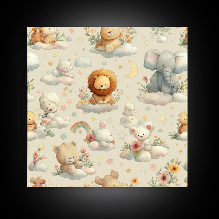 Pastel Jungle Animals Framed Canvas Print, Nursery Art, Baby Girl Nursery, Nursery Decor, Abstract Art, Nursery, Fine Art Print, NUR-1x1-42