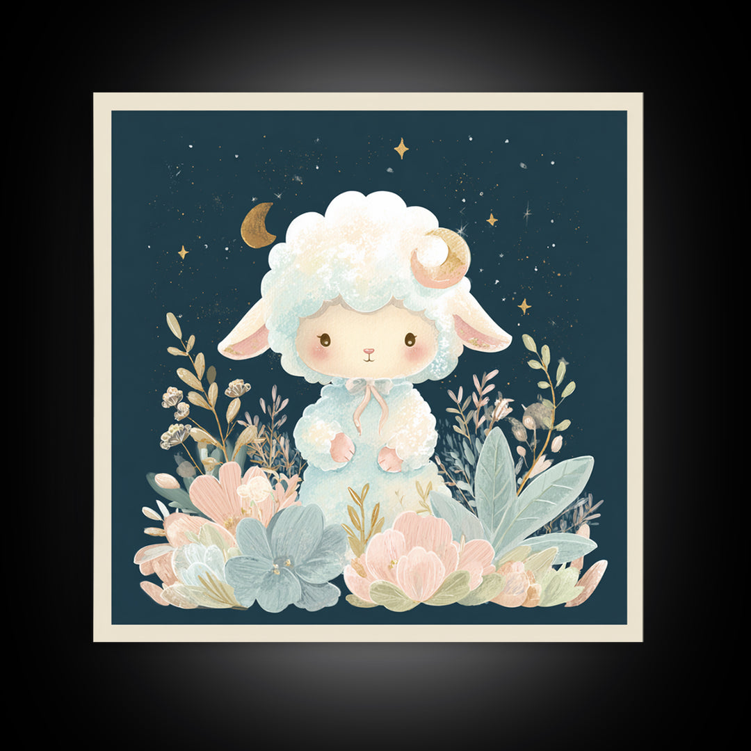 Little Lamb under a Starry Sky Framed Canvas Print, Nursery Art, Woodland Nursery, Nursery Decor, Oil Painting, Nursery, NUR-1x1-43