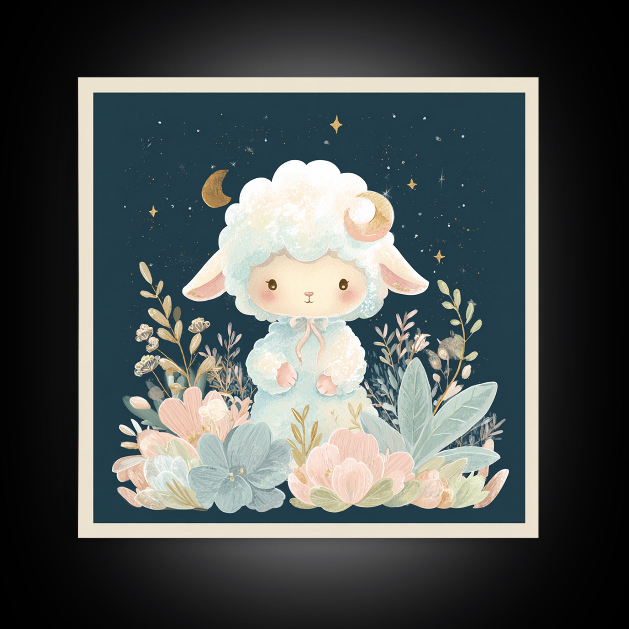 Little Lamb under a Starry Sky Framed Canvas Print, Nursery Art, Woodland Nursery, Nursery Decor, Oil Painting, Nursery, NUR-1x1-43