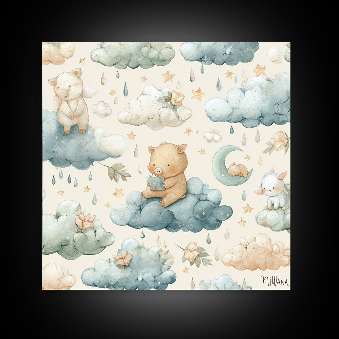 Clouds and Raindrops Framed Canvas Print, Nursery Art, Playroom Wall Art, Nursery Decor, Fine Art, Nursery, Statement Artwork, NUR-1x1-46