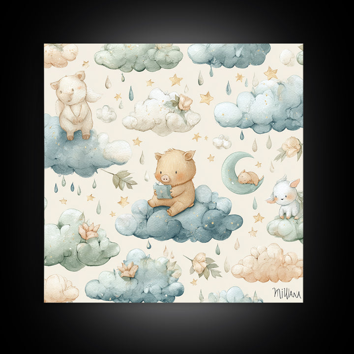 Clouds and Raindrops Framed Canvas Print, Nursery Art, Playroom Wall Art, Nursery Decor, Fine Art, Nursery, Statement Artwork, NUR-1x1-46