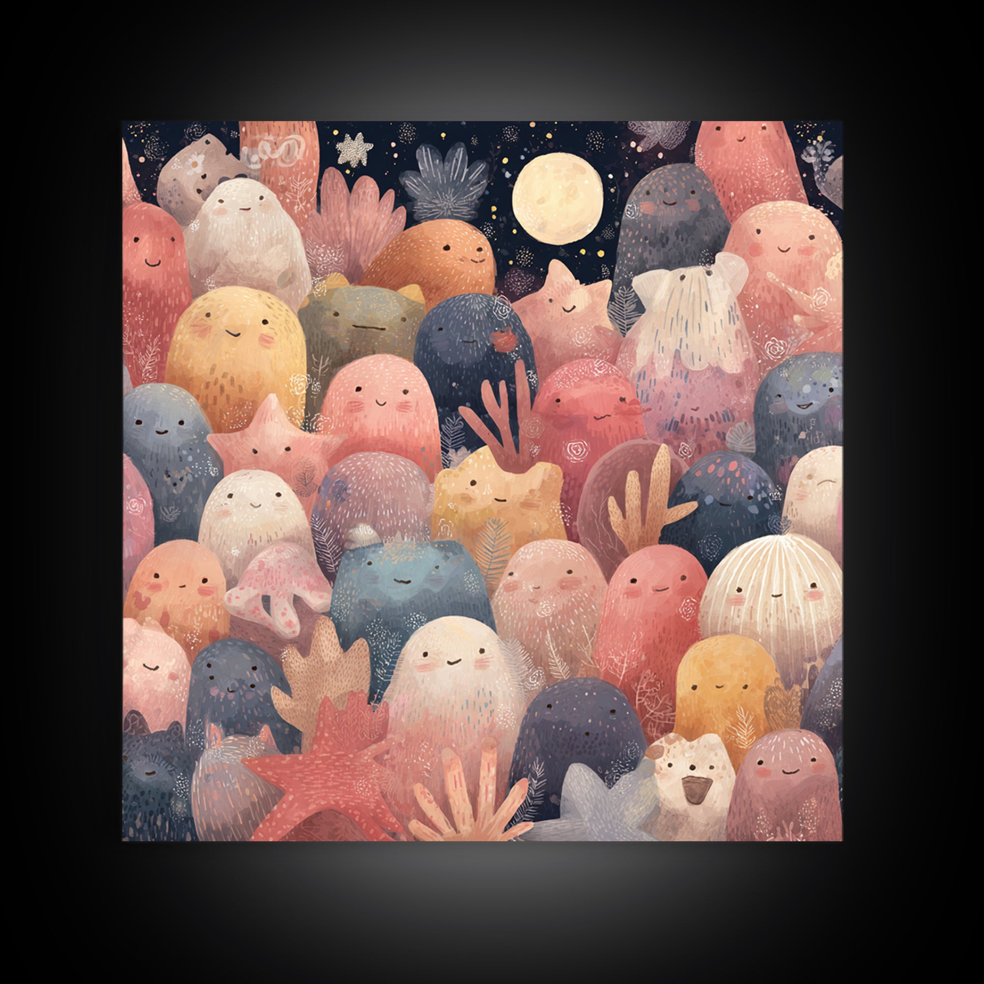 Friendly Ocean Creatures Framed Canvas Print, Nursery Art, Art Print, Nursery Decor, Oil Painting, Nursery 048, Wall Art Set of, NUR-1x1-48