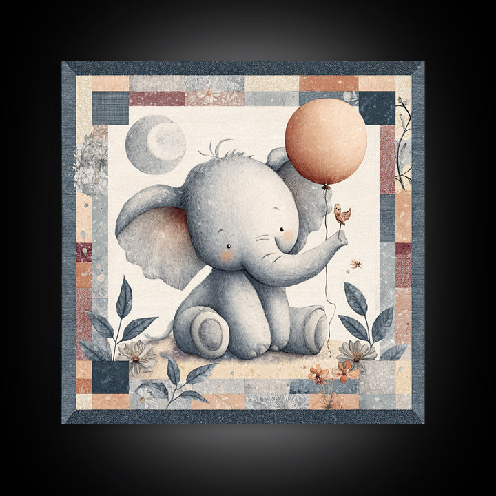 Sleepy Baby Elephant Holding a Tiny Balloon Canvas Print, Nursery Art, Neutral Decor, Nursery Decor, Fine Art, Nursery, NUR-1x1-49