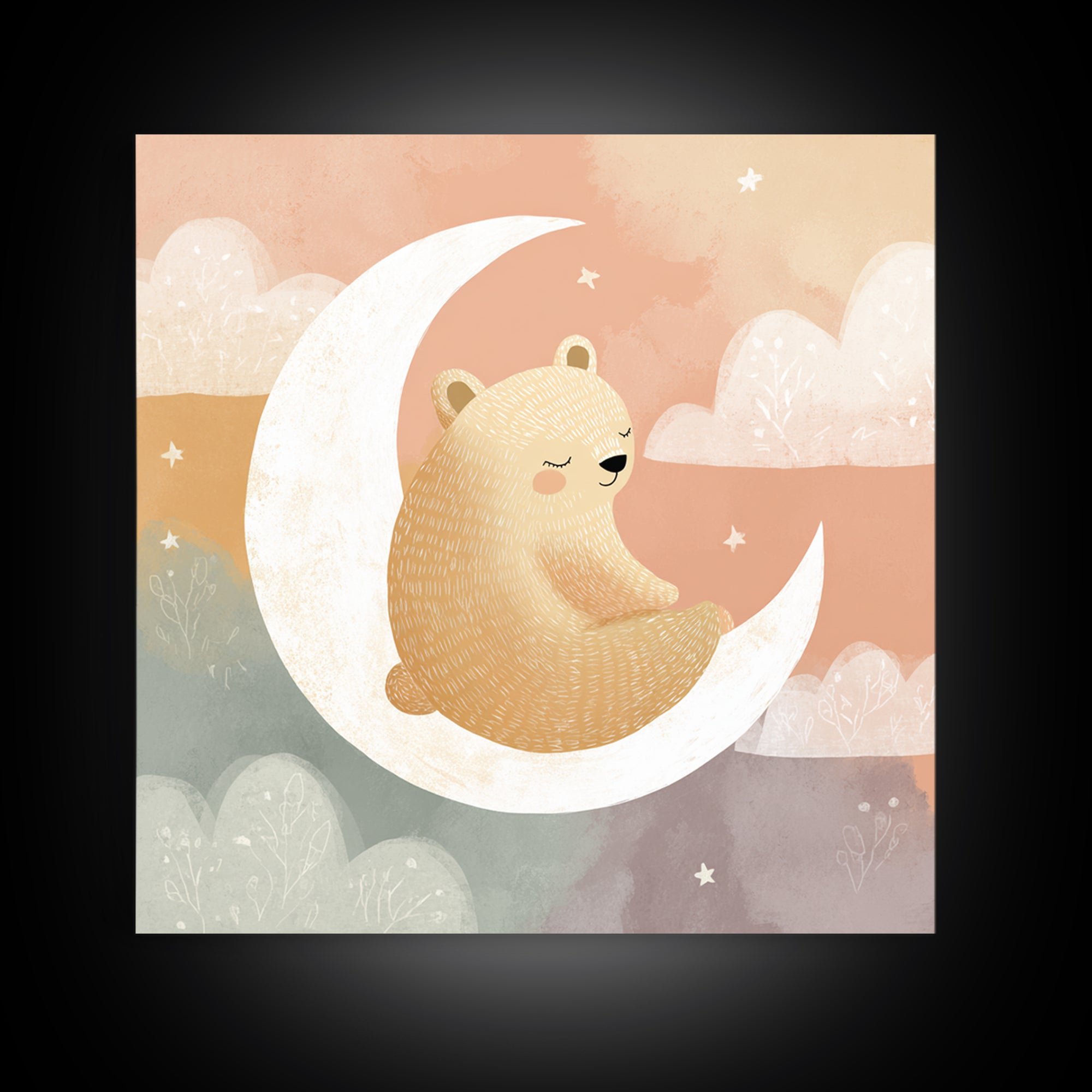 Baby Bear Floating on a Crescent Moon Canvas Print, Nursery Art, Kids Wall Decor, Nursery Decor, Oil Painting, Nursery, NUR-1x1-54