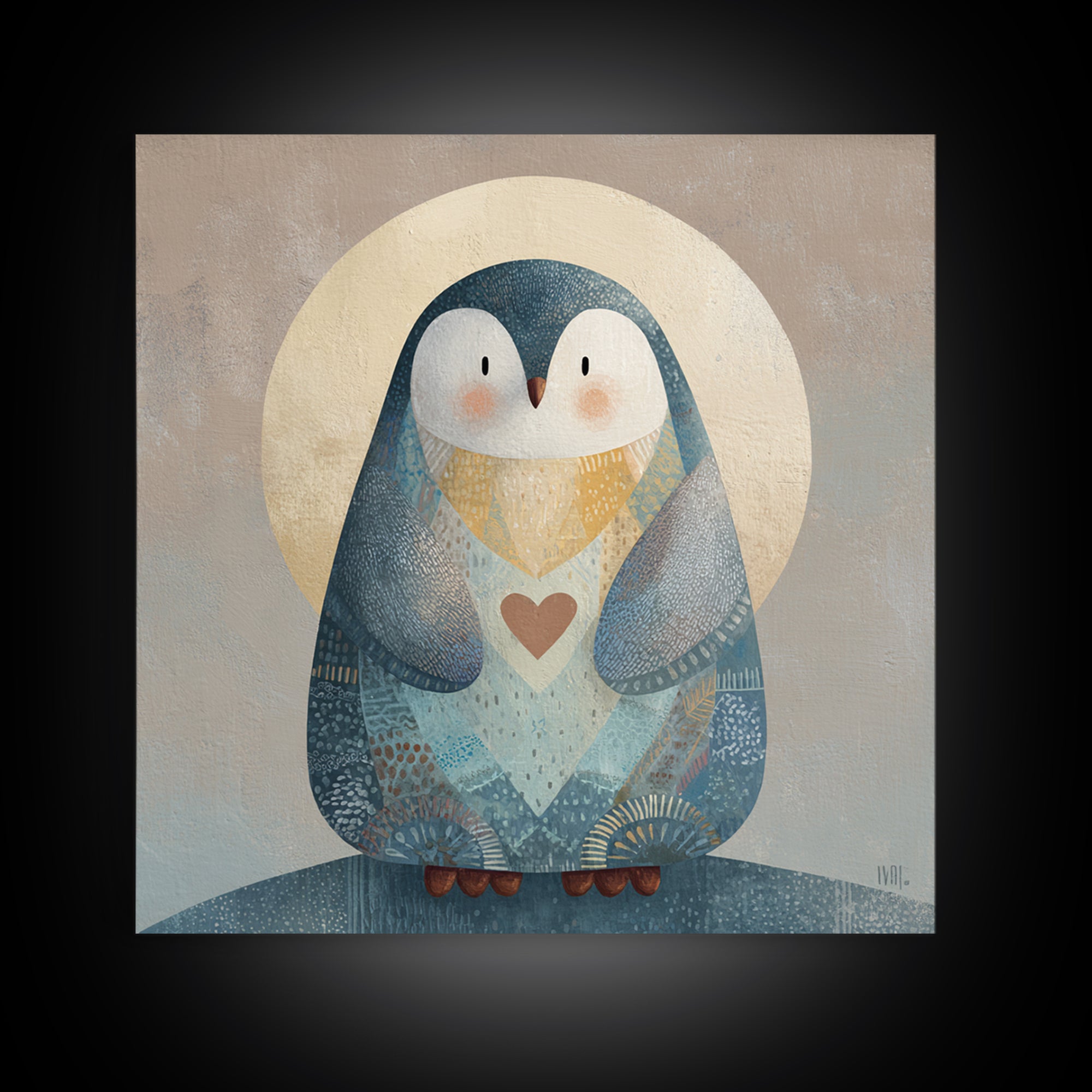 Penguin Holding a Little Heart Shape Framed Canvas Print, Nursery Art, Kids Room Wall Art, Nursery Decor, Abstract Art, Nursery, NUR-1x1-58