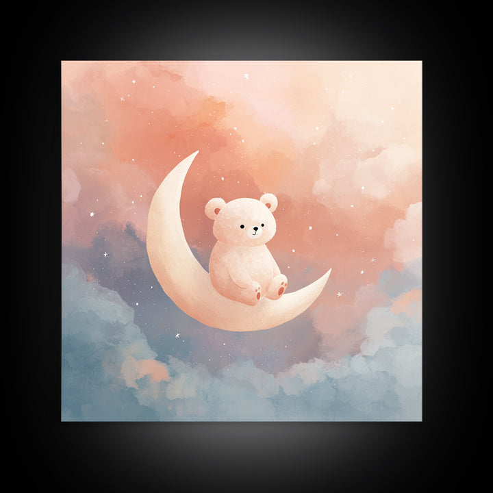 Baby Bear Floating on a Crescent Moon Framed Canvas Print, Nursery Art, Woodland Nursery, Nursery Decor, Watercolor Art, NUR-1x1-6